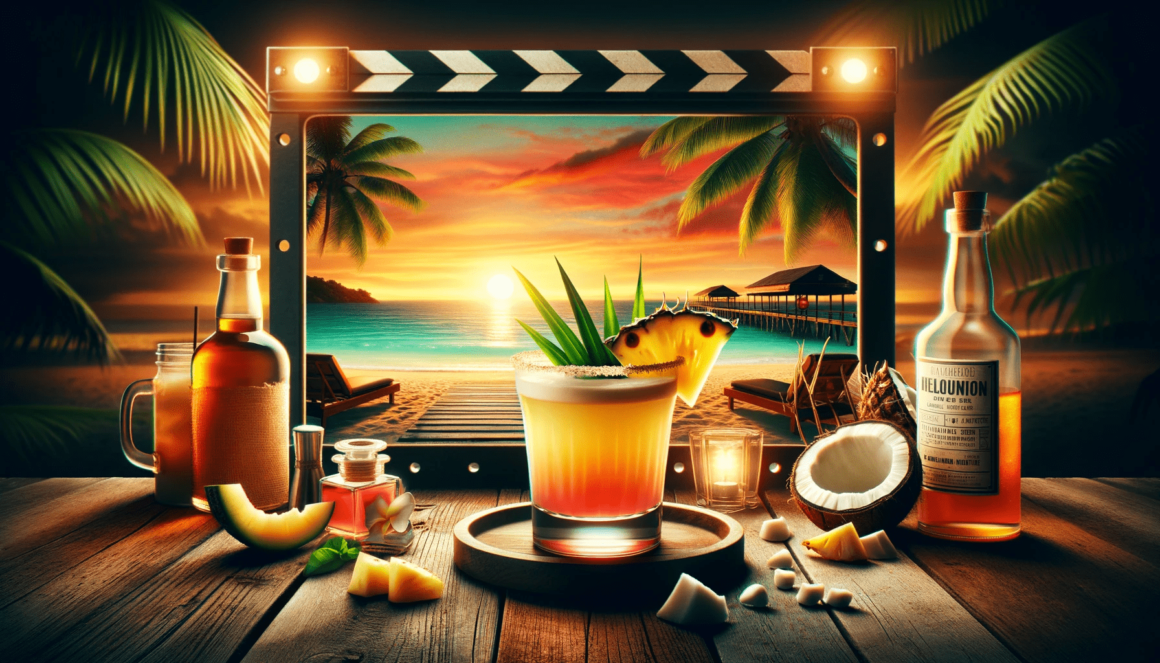A tropical cocktail on a wooden table at the beach.