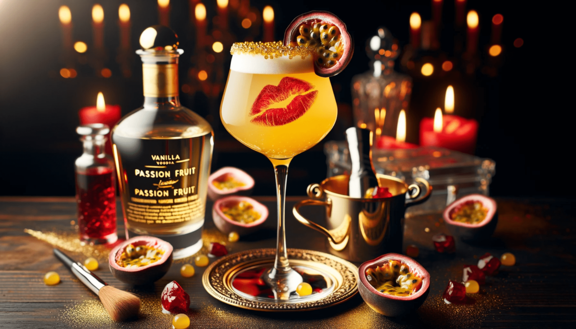 A cocktail with passion fruit and candles on a table.
