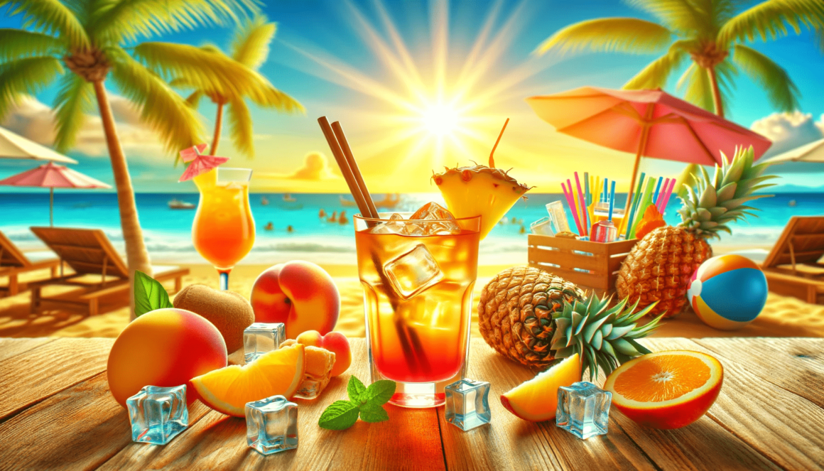 A tropical beach scene with drinks and fruit on a wooden table.