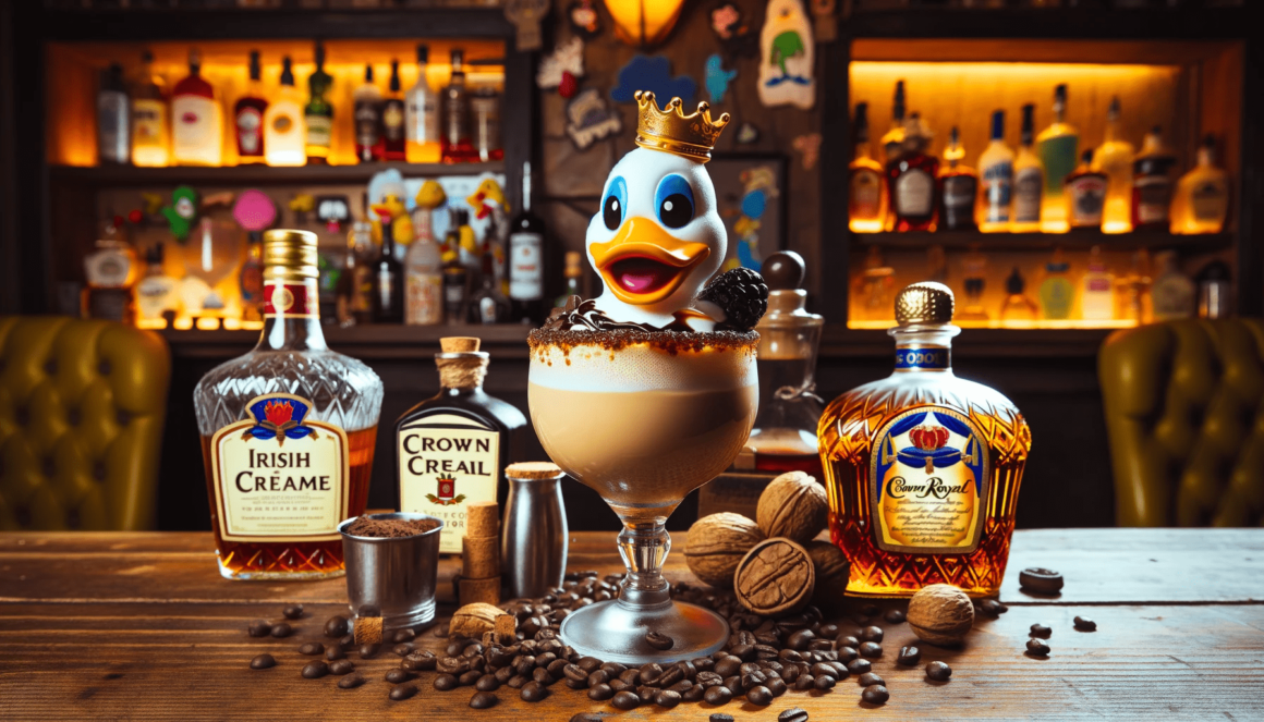 A coffee drink with a duck on top of it.