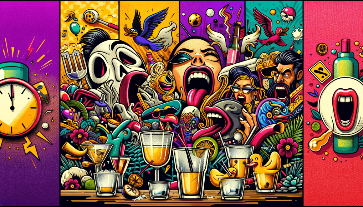 A colorful illustration of a group of people drinking.