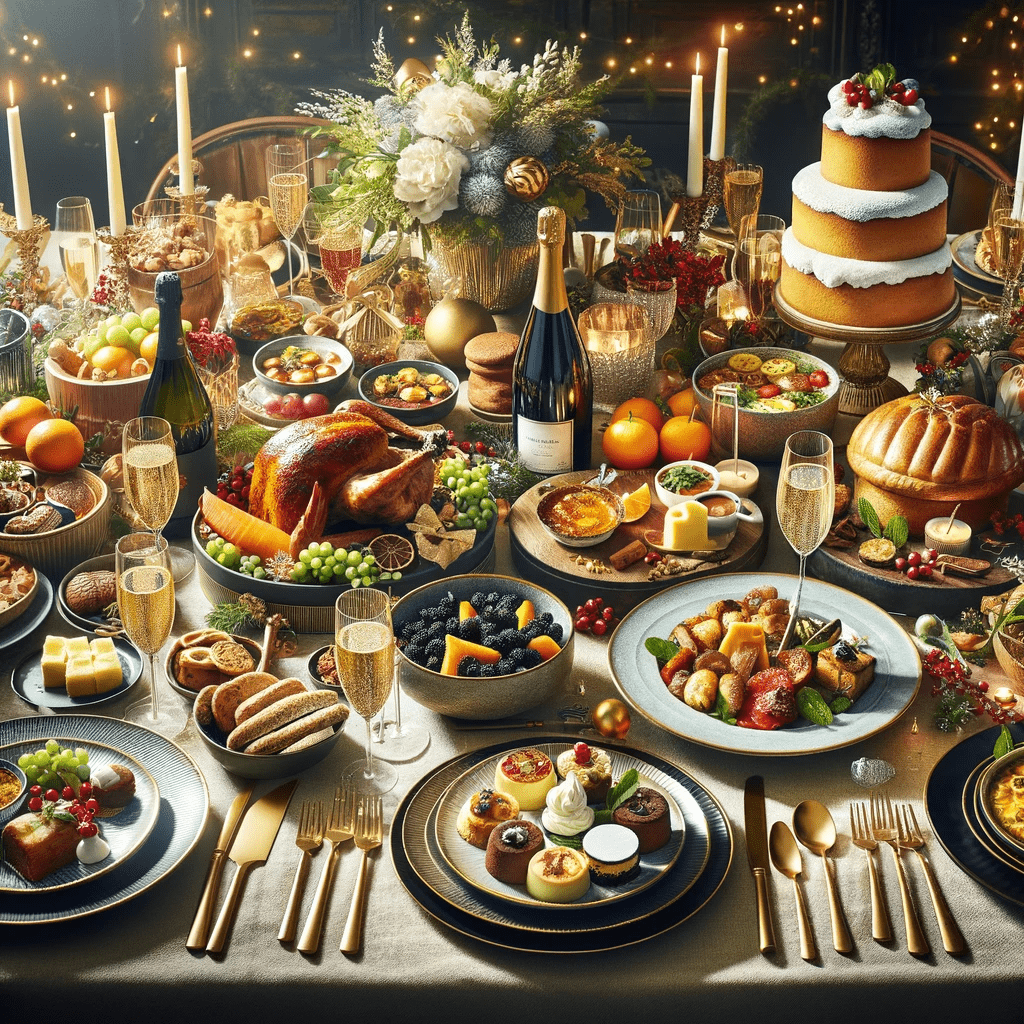A table full of food and drinks for a christmas dinner.