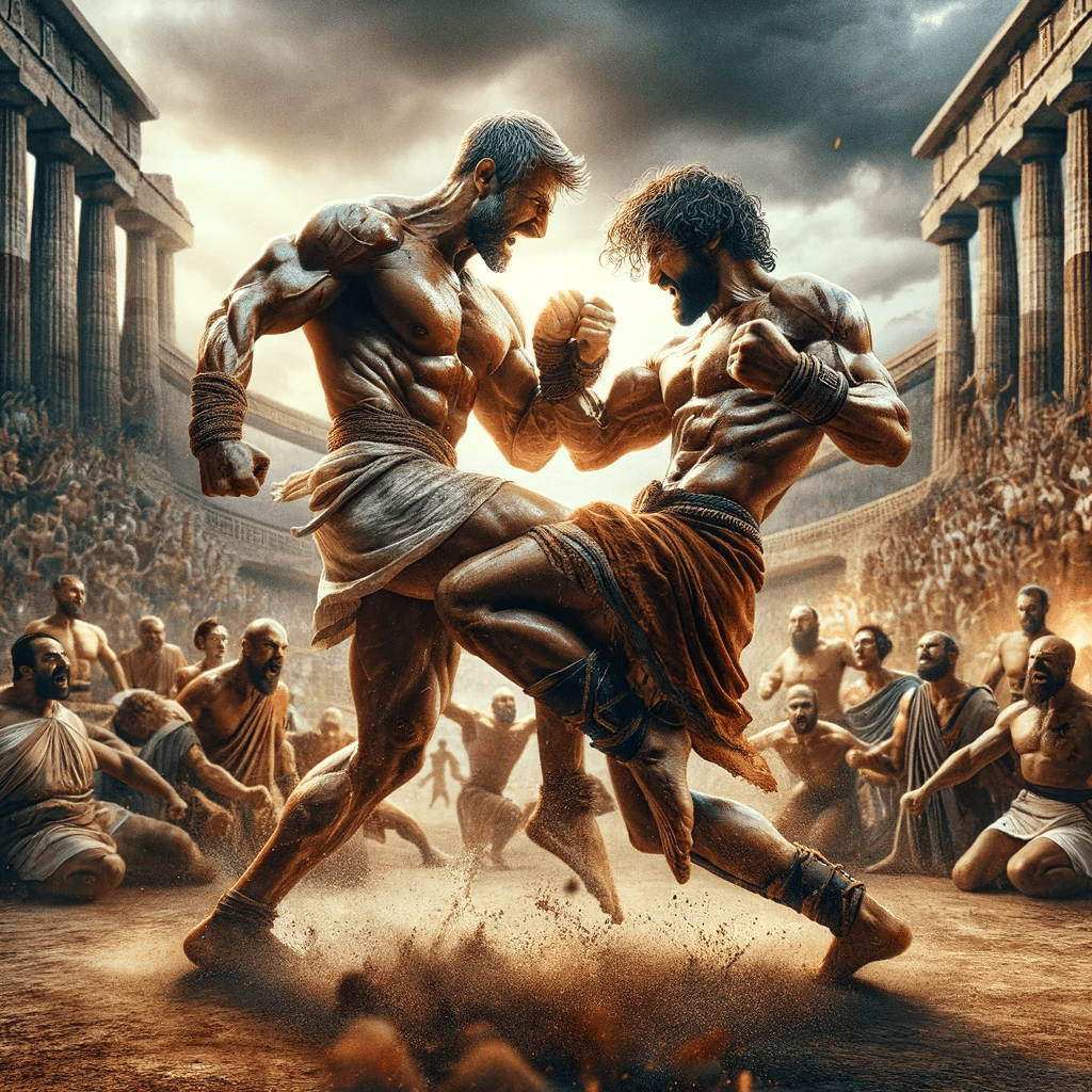 Enter the Modern Kumite - Two men fighting in front of an ancient temple, showcasing their mastery