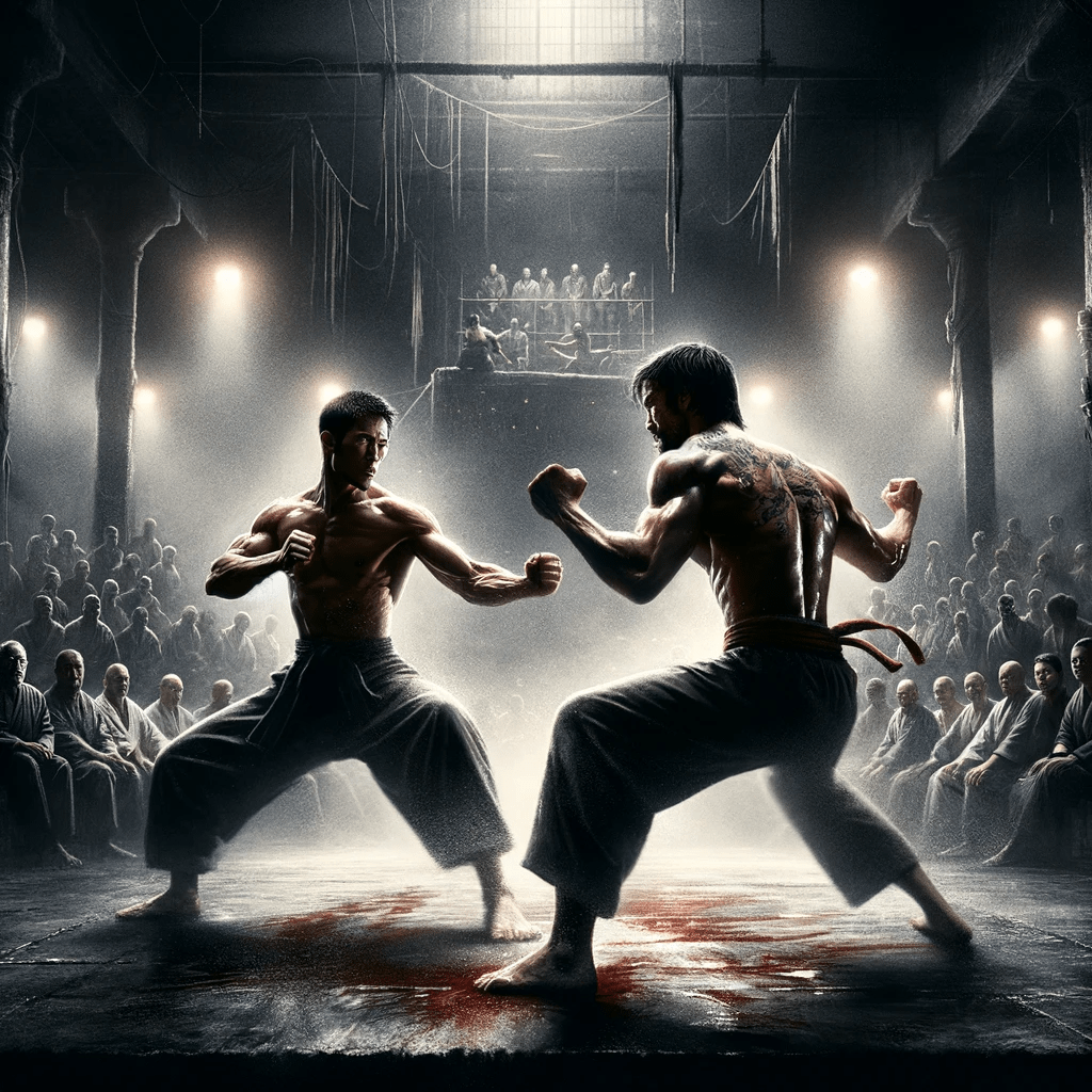 Enter the Modern Kumite: Witness two men engaging in an intense battle in front of a captivated audience.