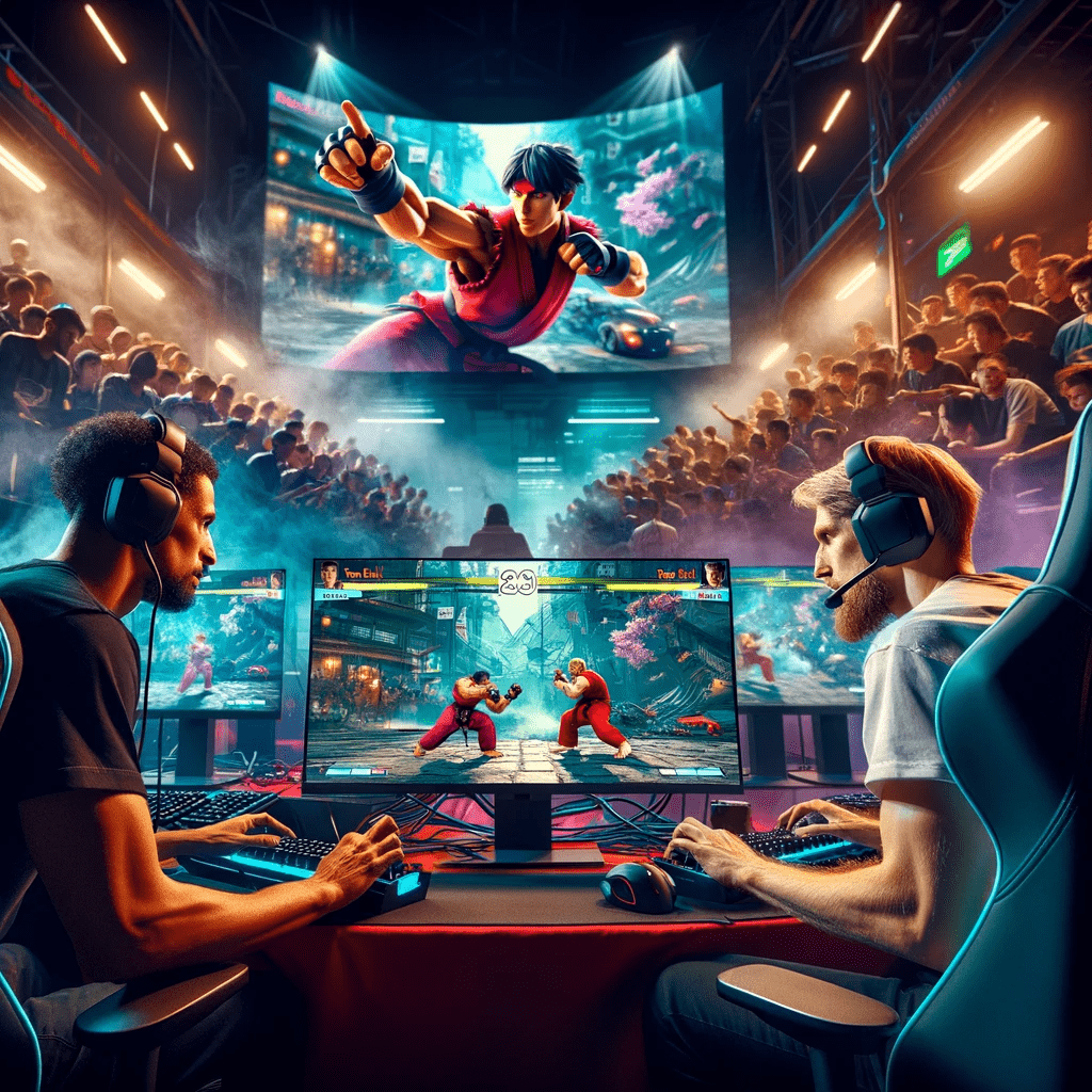 Enter the Modern Kumite, where a group of people are passionately engaged in playing video games on a large screen.