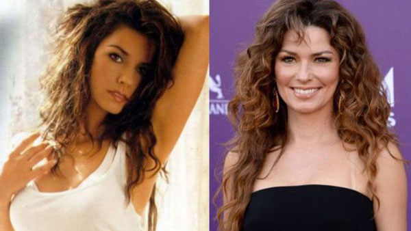 Two pictures of a woman with curly hair, showcasing the transformation of a pop star from the 90's to today.