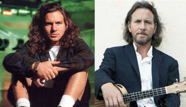 Two pictures of a man with long hair and a guitar, showcasing the iconic look of pop stars from the 90’s and their present appearance.