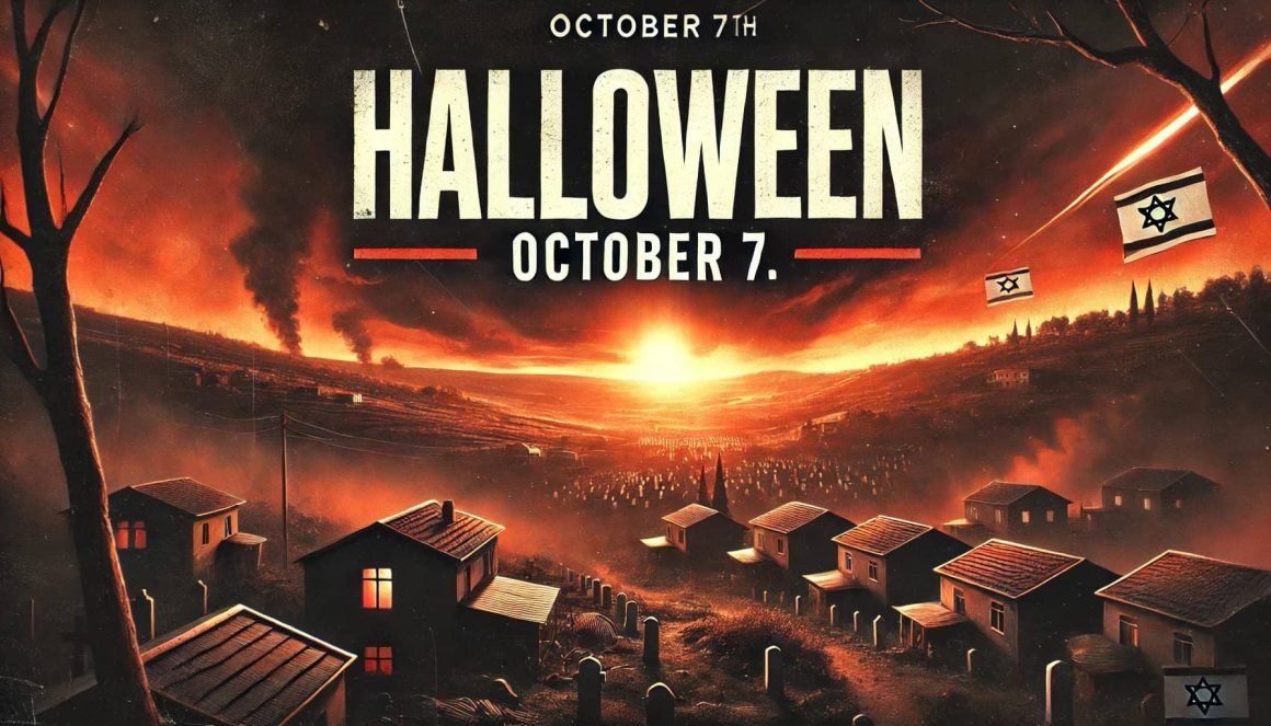 A dark, ominous scene unfolds as a town with burning skies, gravestones, and shadowy houses lurks beneath the title "The Haunting of October 7th." This Day of Horror casts a chilling spell over all who dare to witness it.