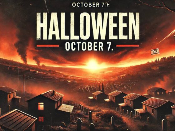 A dark, ominous scene unfolds as a town with burning skies, gravestones, and shadowy houses lurks beneath the title "The Haunting of October 7th." This Day of Horror casts a chilling spell over all who dare to witness it.